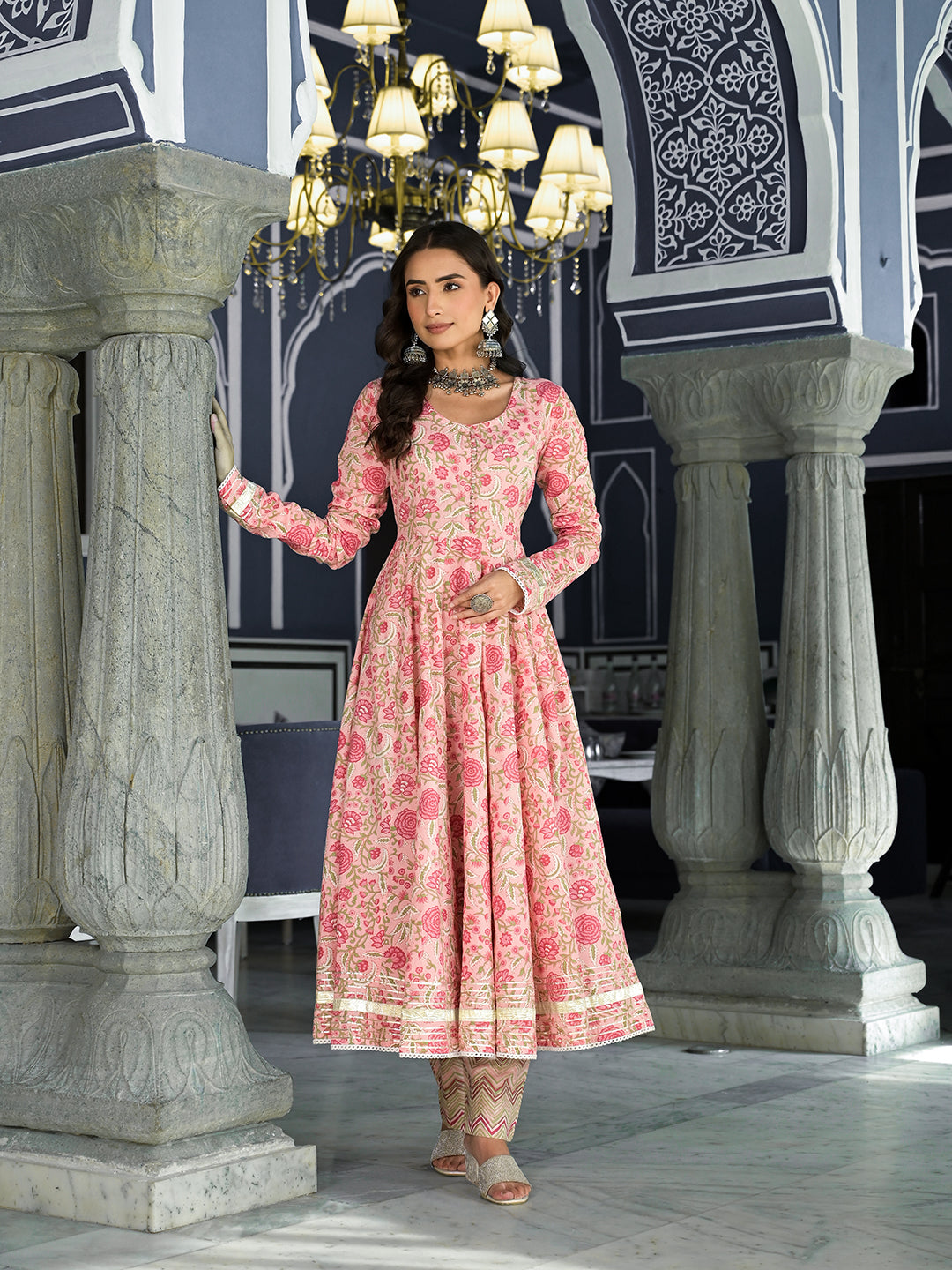 Pink Floral Hand Block Printed Anarkali Kurta Trouser With Dupatta Set | LASVINI - Redefining Indian Fashion with Elegance