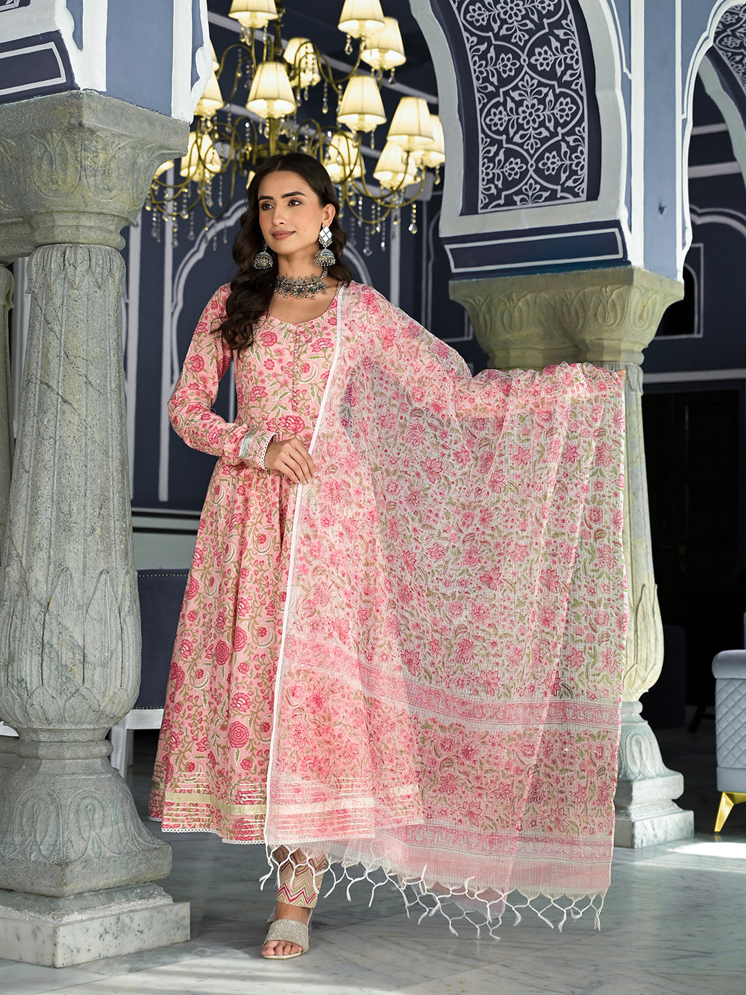 Pink Floral Hand Block Printed Anarkali Kurta Trouser With Dupatta Set | LASVINI - Redefining Indian Fashion with Elegance