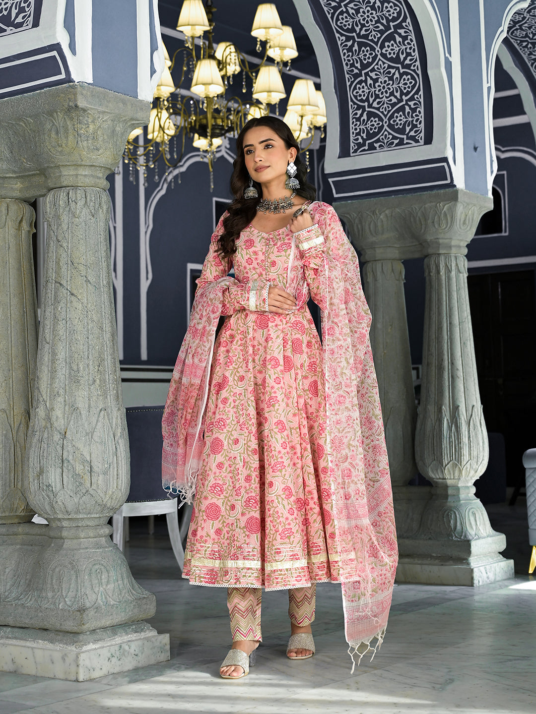 Pink Floral Hand Block Printed Anarkali Kurta Trouser With Dupatta Set | LASVINI - Redefining Indian Fashion with Elegance