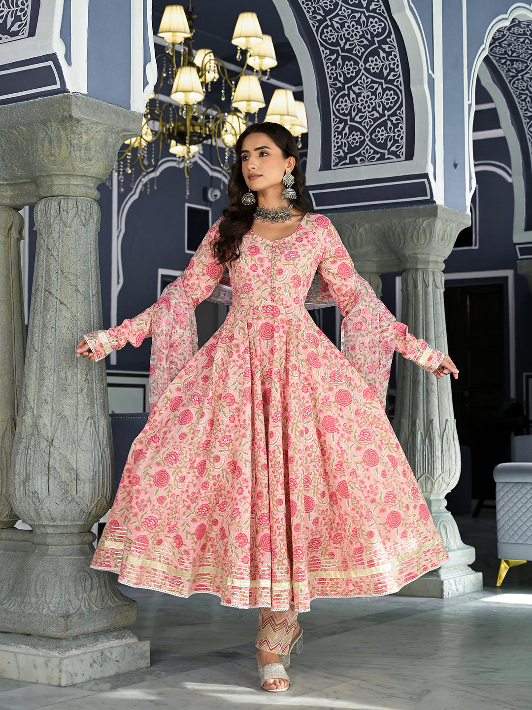 Pink Floral Hand Block Printed Anarkali Kurta Trouser With Dupatta Set | LASVINI - Redefining Indian Fashion with Elegance