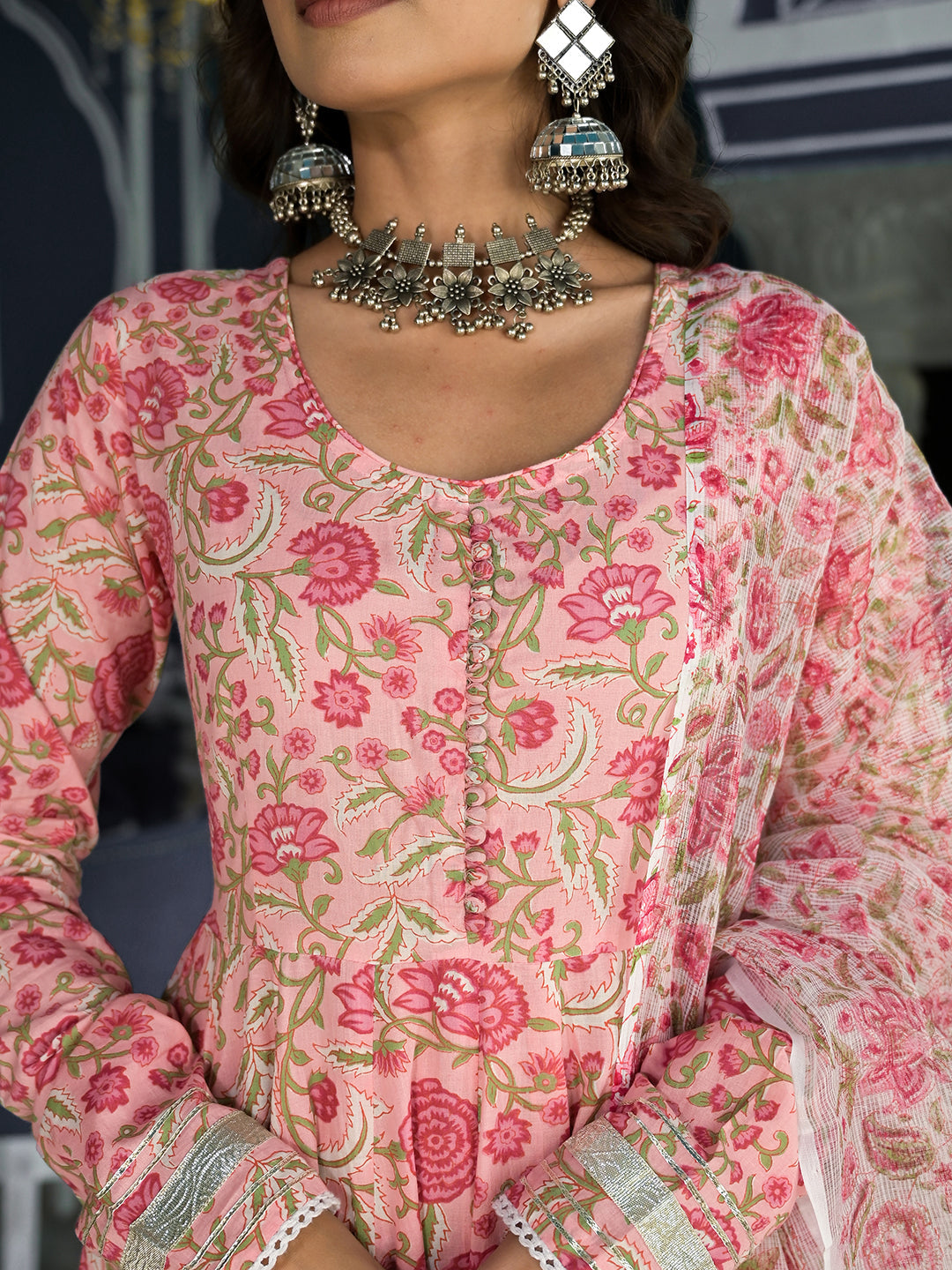 Pink Floral Hand Block Printed Anarkali Kurta Trouser With Dupatta Set | LASVINI - Redefining Indian Fashion with Elegance