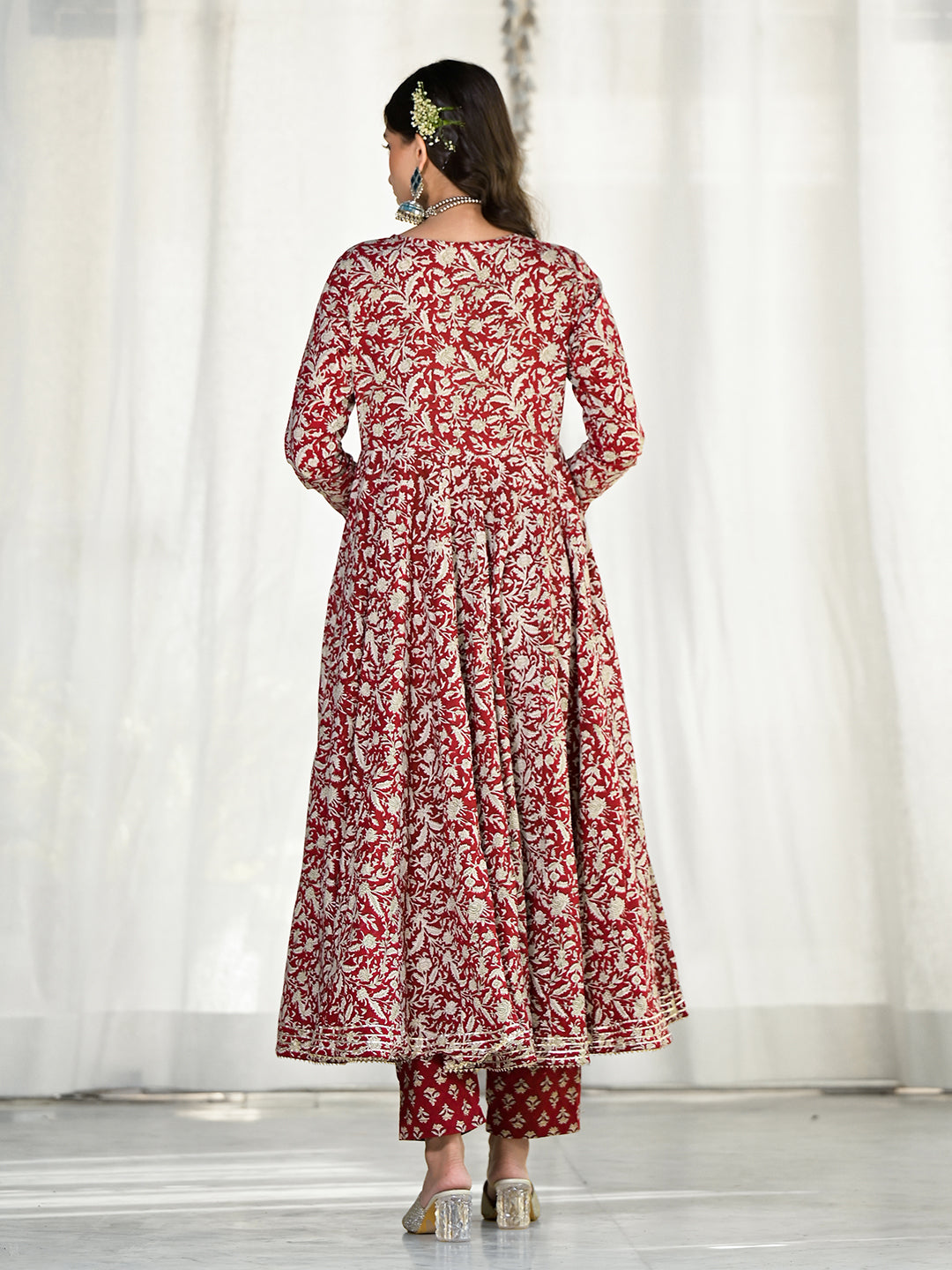 Maroon Floral Printed Anarkali Cotton Kurta Trouser With Dupatta Set | LASVINI - Redefining Indian Fashion with Elegance