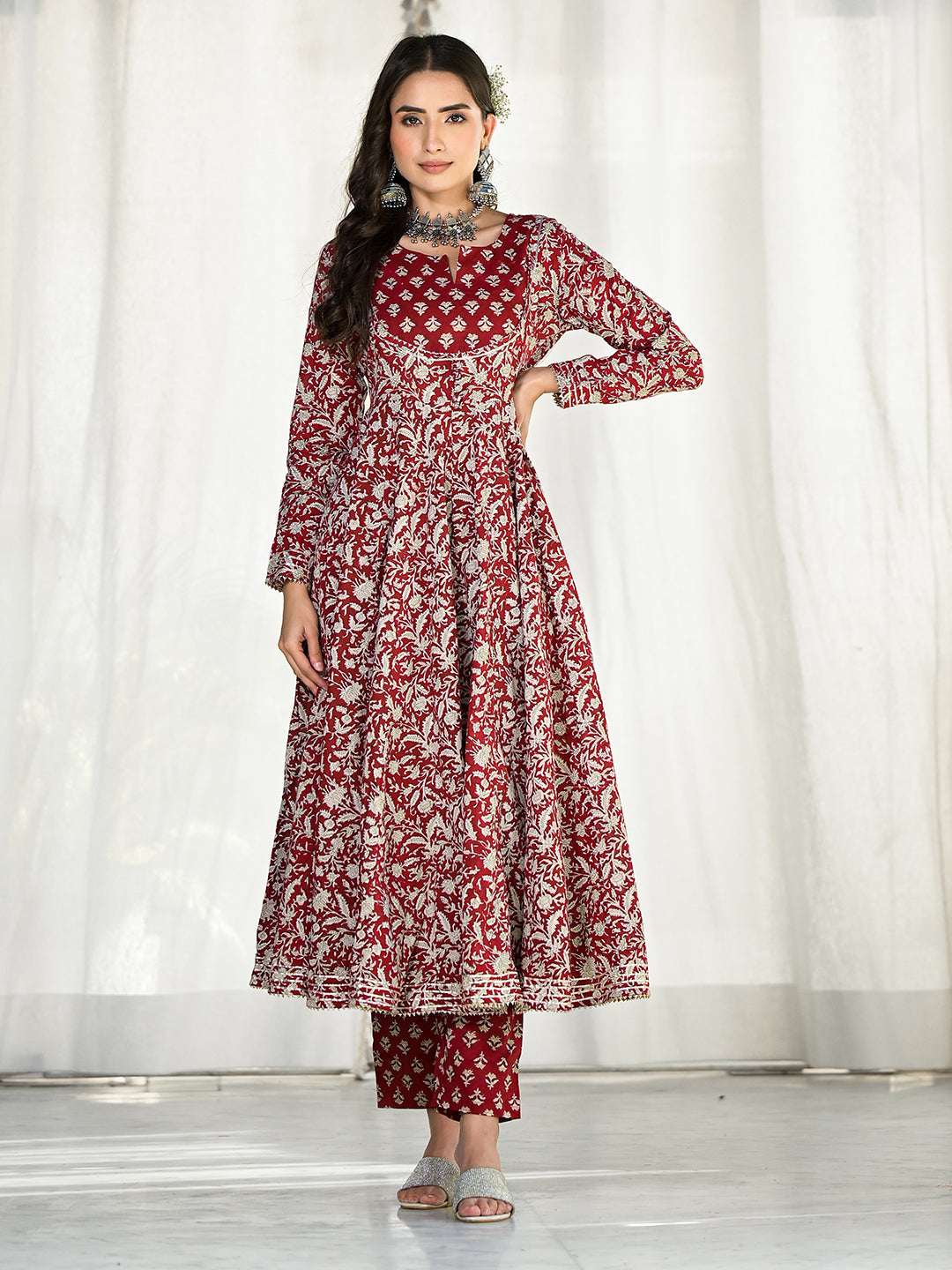 Maroon Floral Printed Anarkali Cotton Kurta Trouser With Dupatta Set | LASVINI - Redefining Indian Fashion with Elegance