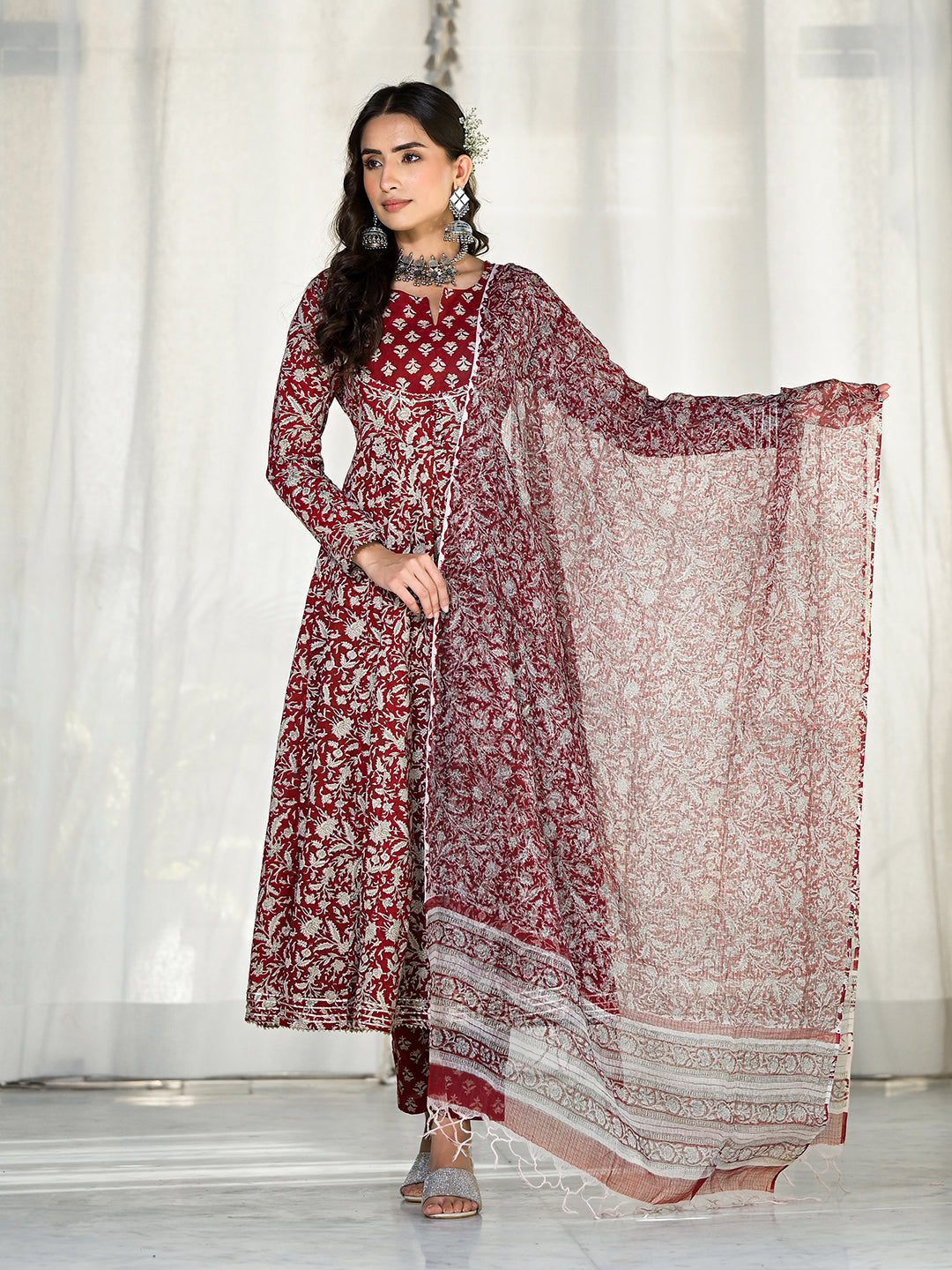 Maroon Floral Printed Anarkali Cotton Kurta Trouser With Dupatta Set | LASVINI - Redefining Indian Fashion with Elegance