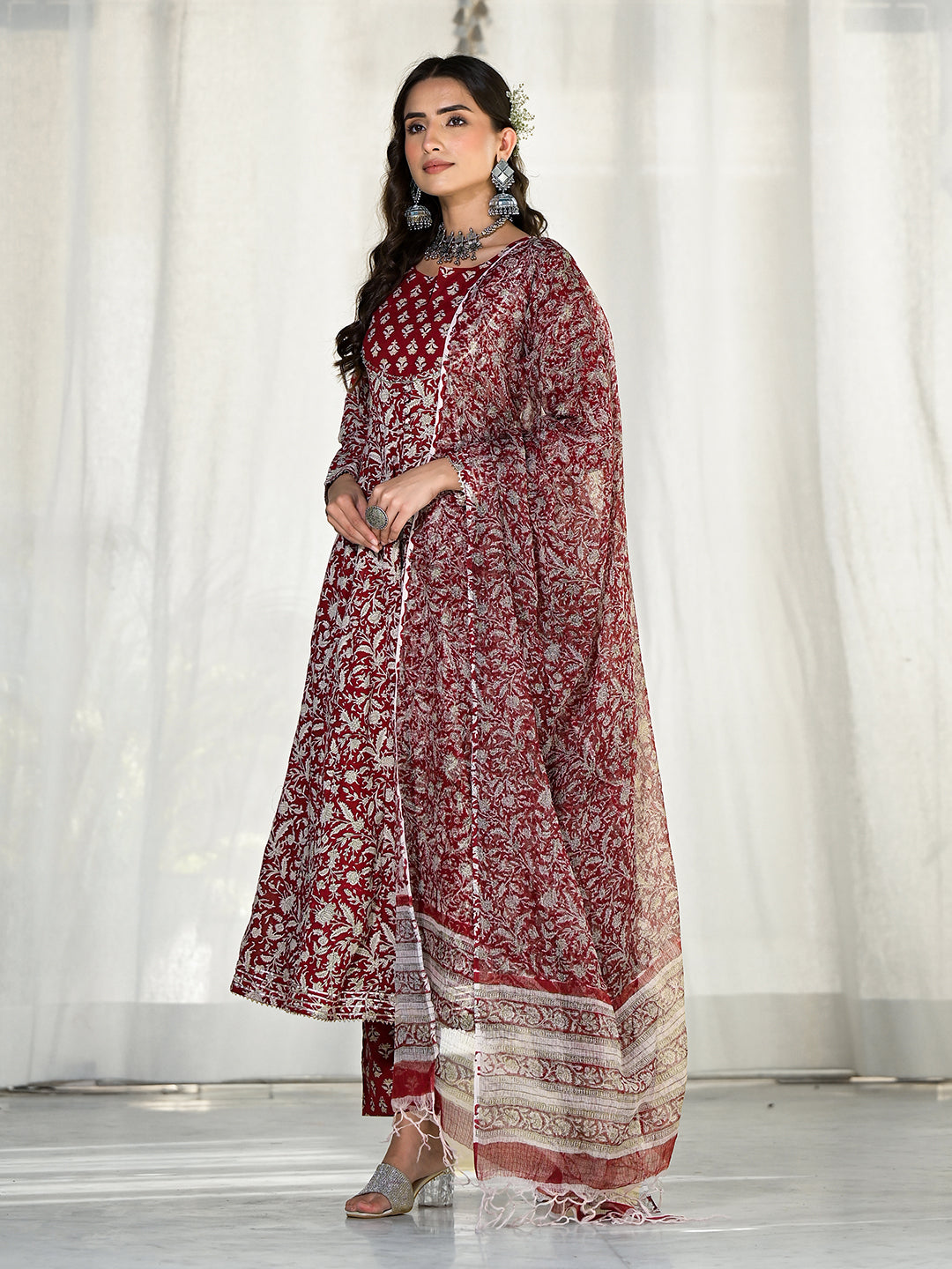 Maroon Floral Printed Anarkali Cotton Kurta Trouser With Dupatta Set | LASVINI - Redefining Indian Fashion with Elegance