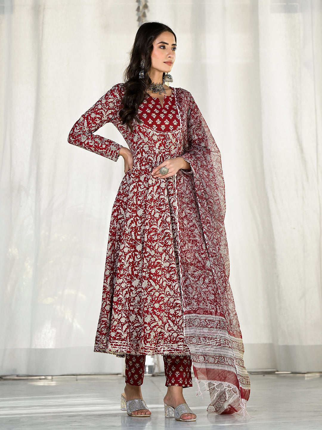 Maroon Floral Printed Anarkali Cotton Kurta Trouser With Dupatta Set | LASVINI - Redefining Indian Fashion with Elegance