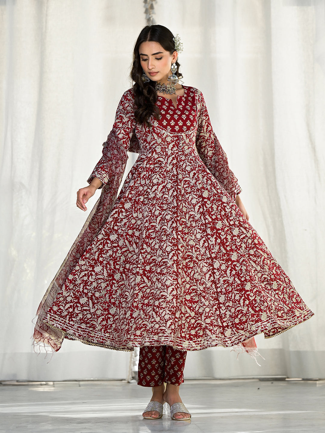 Maroon Floral Printed Anarkali Cotton Kurta Trouser With Dupatta Set | LASVINI - Redefining Indian Fashion with Elegance