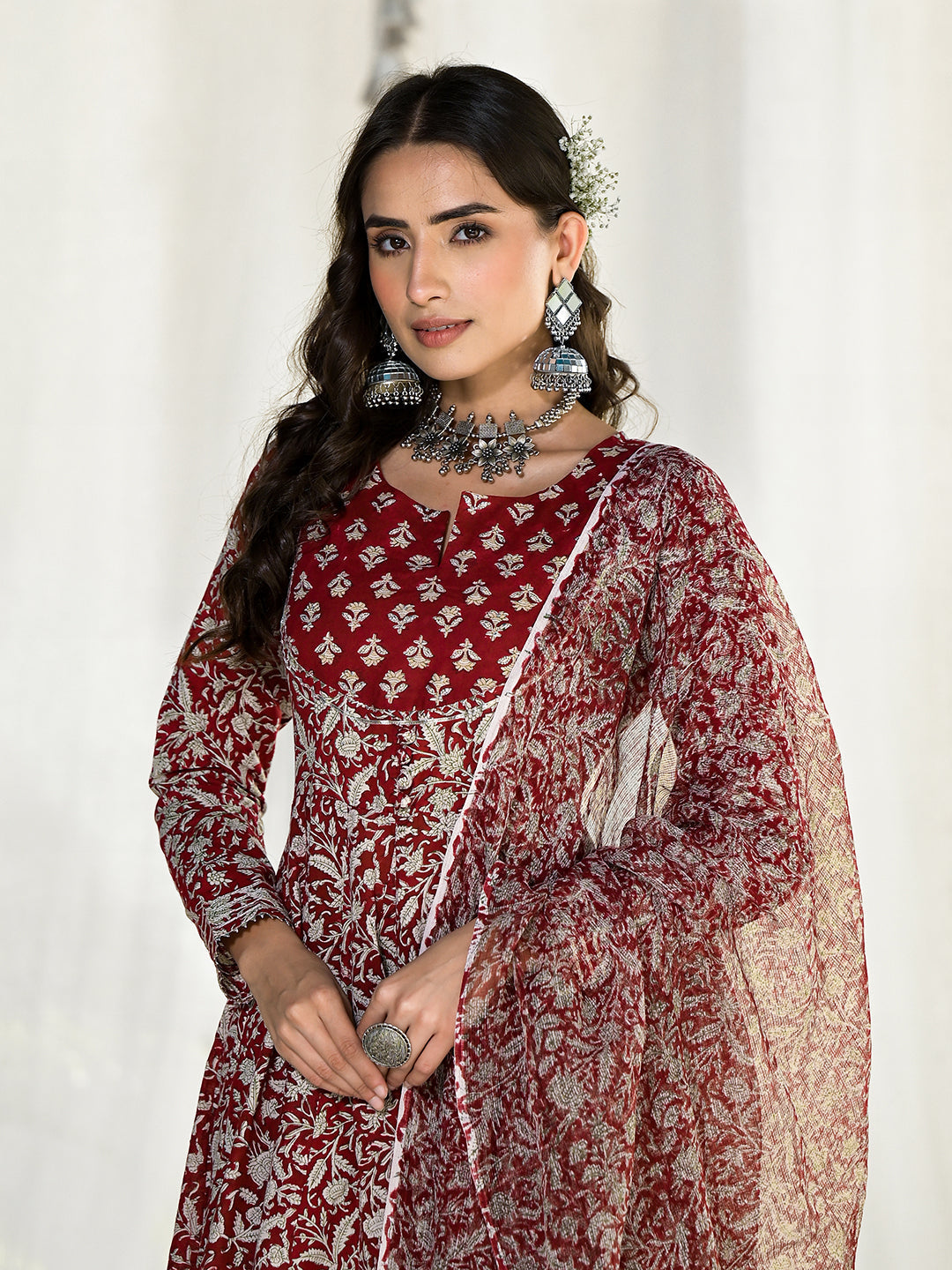Maroon Floral Printed Anarkali Cotton Kurta Trouser With Dupatta Set | LASVINI - Redefining Indian Fashion with Elegance