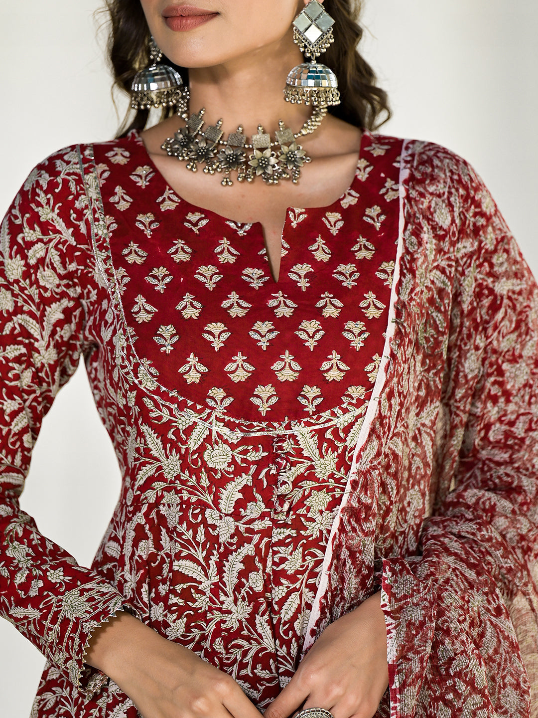 Maroon Floral Printed Anarkali Cotton Kurta Trouser With Dupatta Set | LASVINI - Redefining Indian Fashion with Elegance