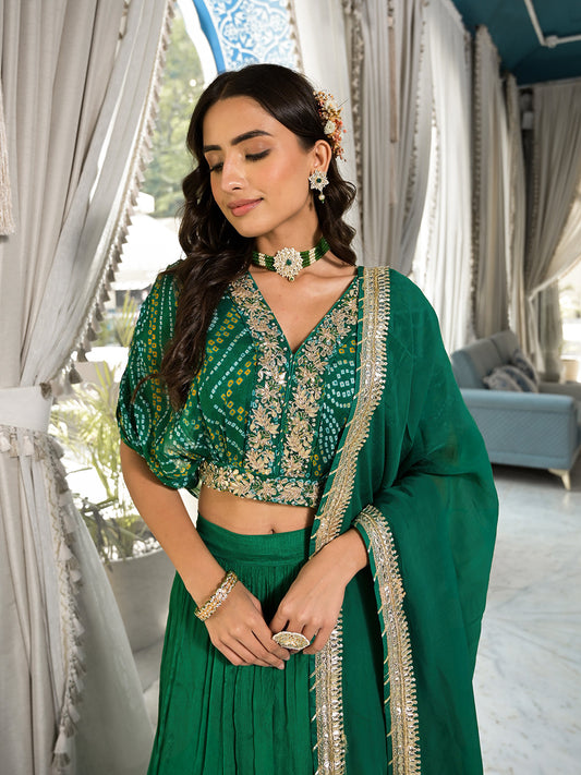 Green Bandhani Print Chinon Fabric Lehenga Crop Top With Dupatta Set | LASVINI - Redefining Indian Fashion with Elegance