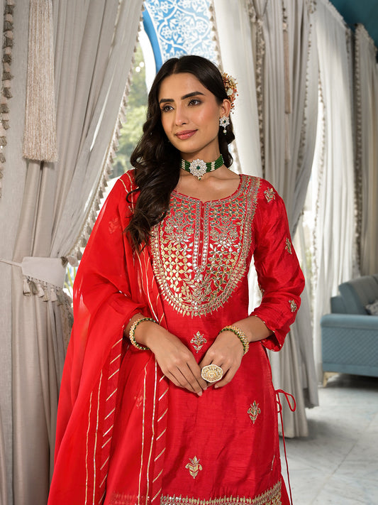 Red Kachhi Patti Work Russian Silk Short Kurta Sharara With Dupatta | LASVINI - Redefining Indian Fashion with Elegance