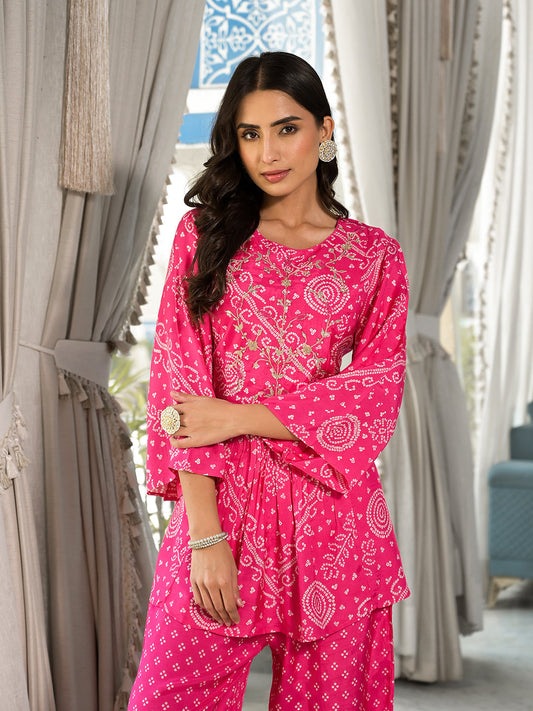 Pink Digital Print Gota Work Pure Muslin Co-Ord Set | LASVINI - Redefining Indian Fashion with Elegance