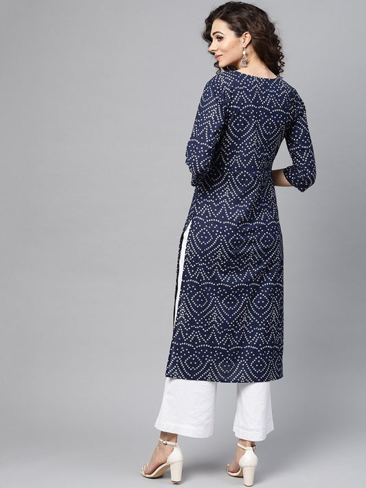 Navy Blue Bandhani Straight Kurta Round Neck V Slit & 3/4 Sleeves | LASVINI - Redefining Indian Fashion with Elegance