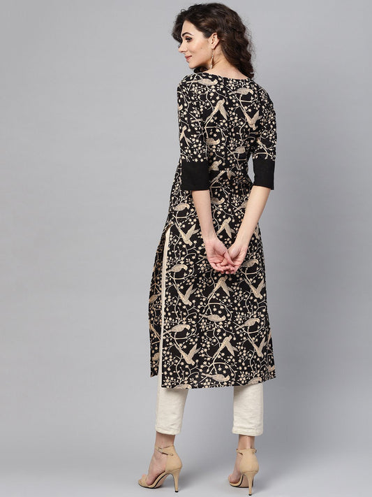 Black & Beige Printed Straight Kurta With Round Neck & Solid Black Cuff Detailing | LASVINI - Redefining Indian Fashion with Elegance