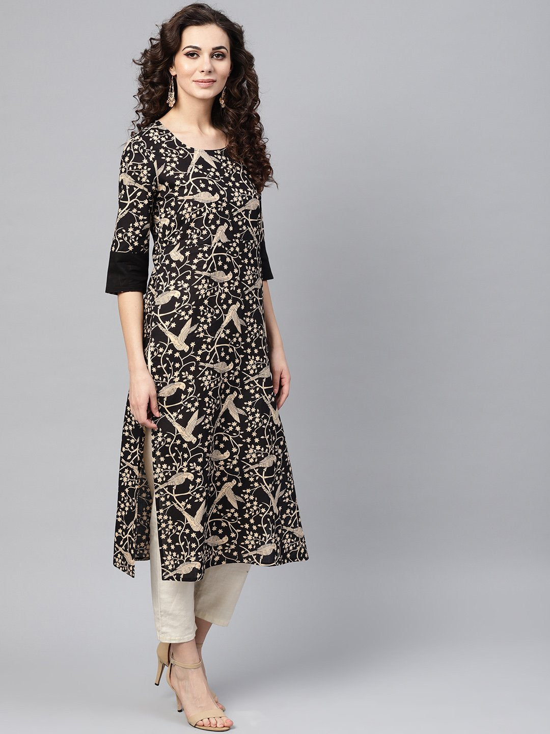 Black & Beige Printed Straight Kurta With Round Neck & Solid Black Cuff Detailing | LASVINI - Redefining Indian Fashion with Elegance