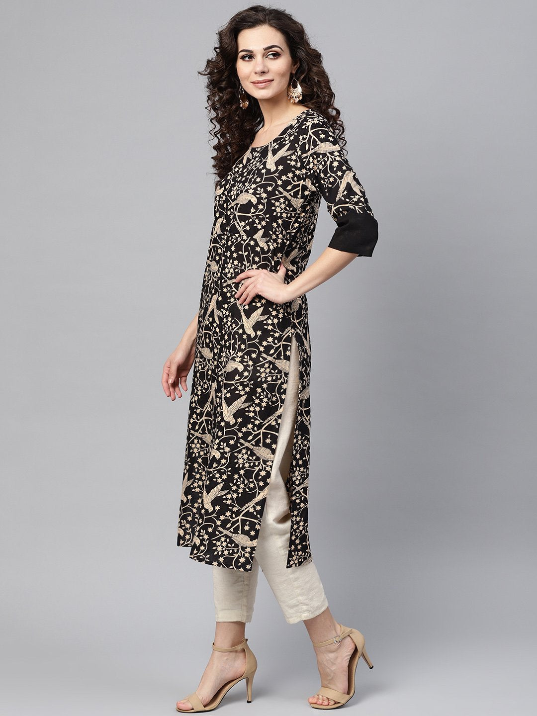 Black & Beige Printed Straight Kurta With Round Neck & Solid Black Cuff Detailing | LASVINI - Redefining Indian Fashion with Elegance