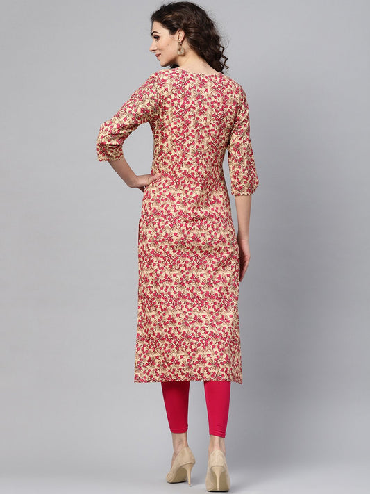 Rani Pink & Beige Straight Kurta With Round Neck V Slit & 3/4 Sleeves | LASVINI - Redefining Indian Fashion with Elegance