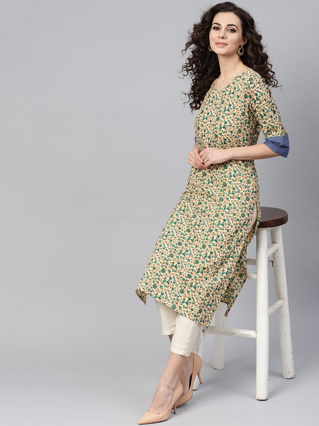 Beige Multi-Colored Straight Kurta With Round Neck With Solid Blue Cuff Detailing | LASVINI - Redefining Indian Fashion with Elegance