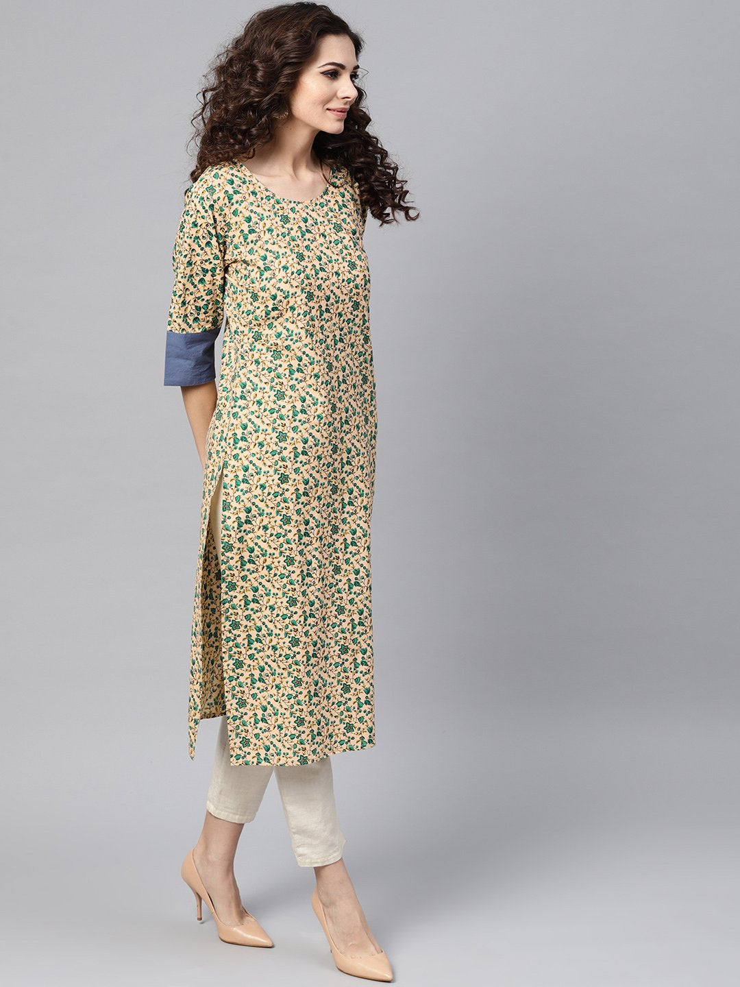 Beige Multi-Colored Straight Kurta With Round Neck With Solid Blue Cuff Detailing | LASVINI - Redefining Indian Fashion with Elegance