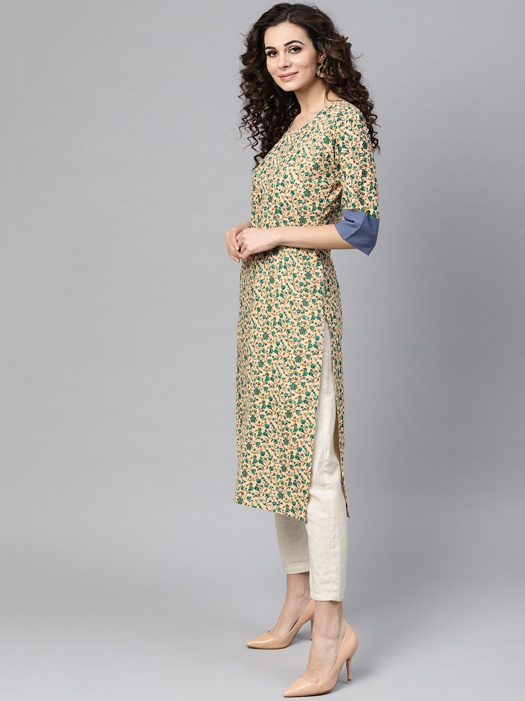 Beige Multi-Colored Straight Kurta With Round Neck With Solid Blue Cuff Detailing | LASVINI - Redefining Indian Fashion with Elegance