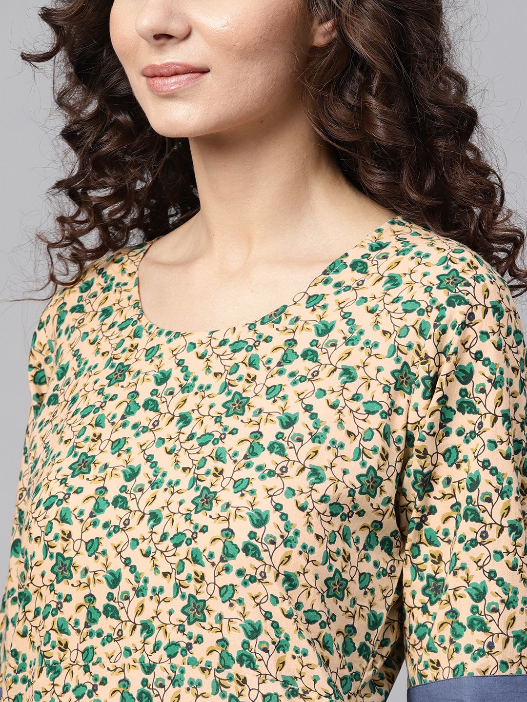 Beige Multi-Colored Straight Kurta With Round Neck With Solid Blue Cuff Detailing | LASVINI - Redefining Indian Fashion with Elegance