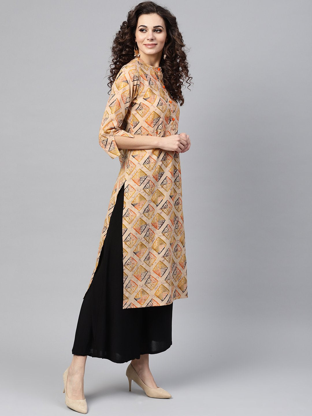 Beige Multi-Colored Straight Kurta With Mandarin Collar With 3/4 Sleeves | LASVINI - Redefining Indian Fashion with Elegance