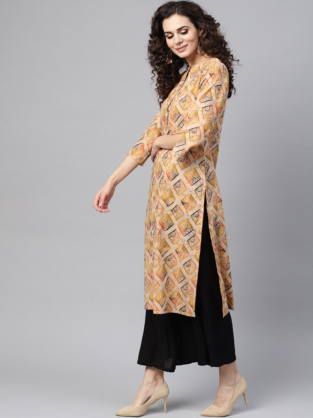 Beige Multi-Colored Straight Kurta With Mandarin Collar With 3/4 Sleeves | LASVINI - Redefining Indian Fashion with Elegance