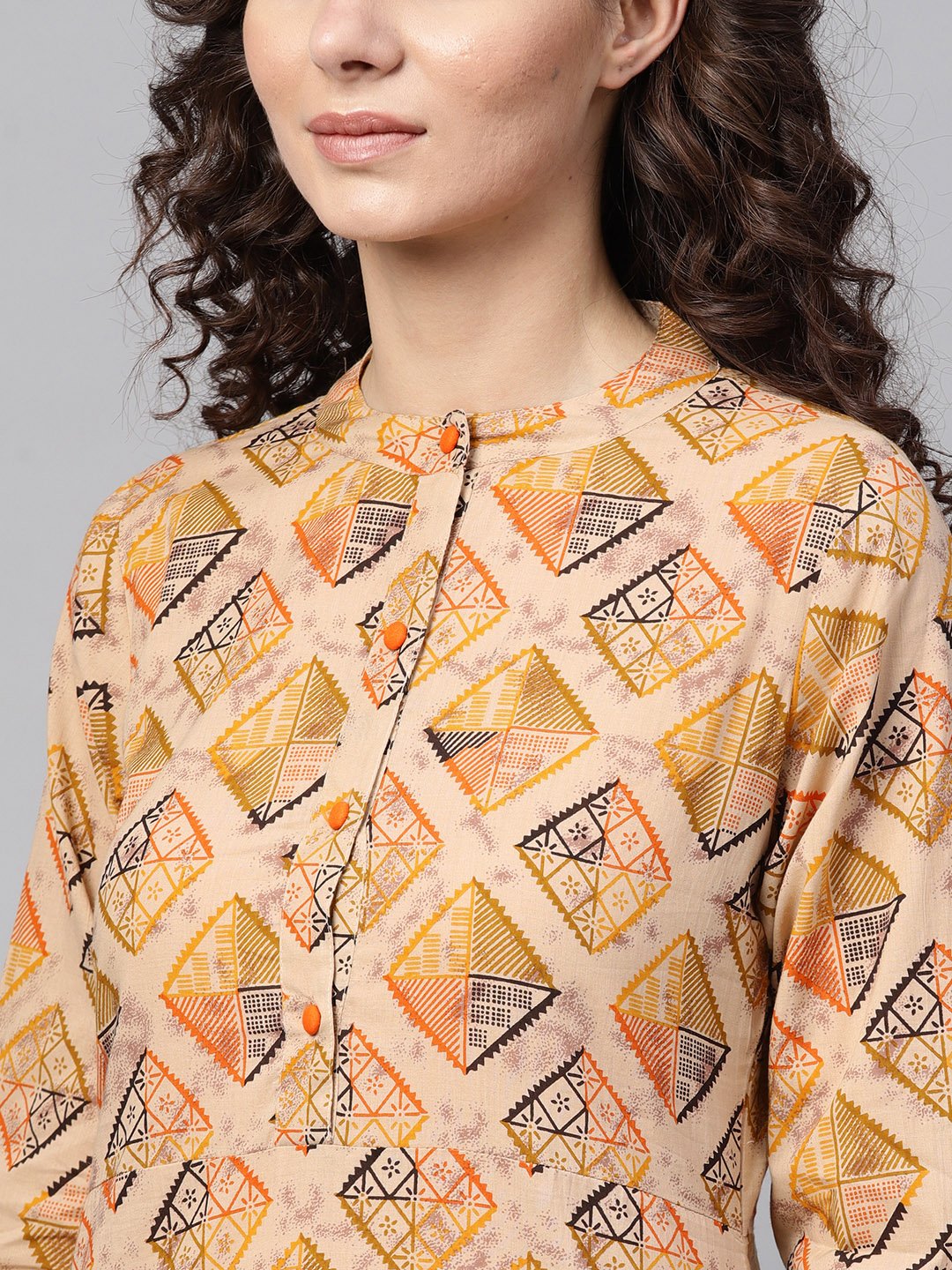 Beige Multi-Colored Straight Kurta With Mandarin Collar With 3/4 Sleeves | LASVINI - Redefining Indian Fashion with Elegance