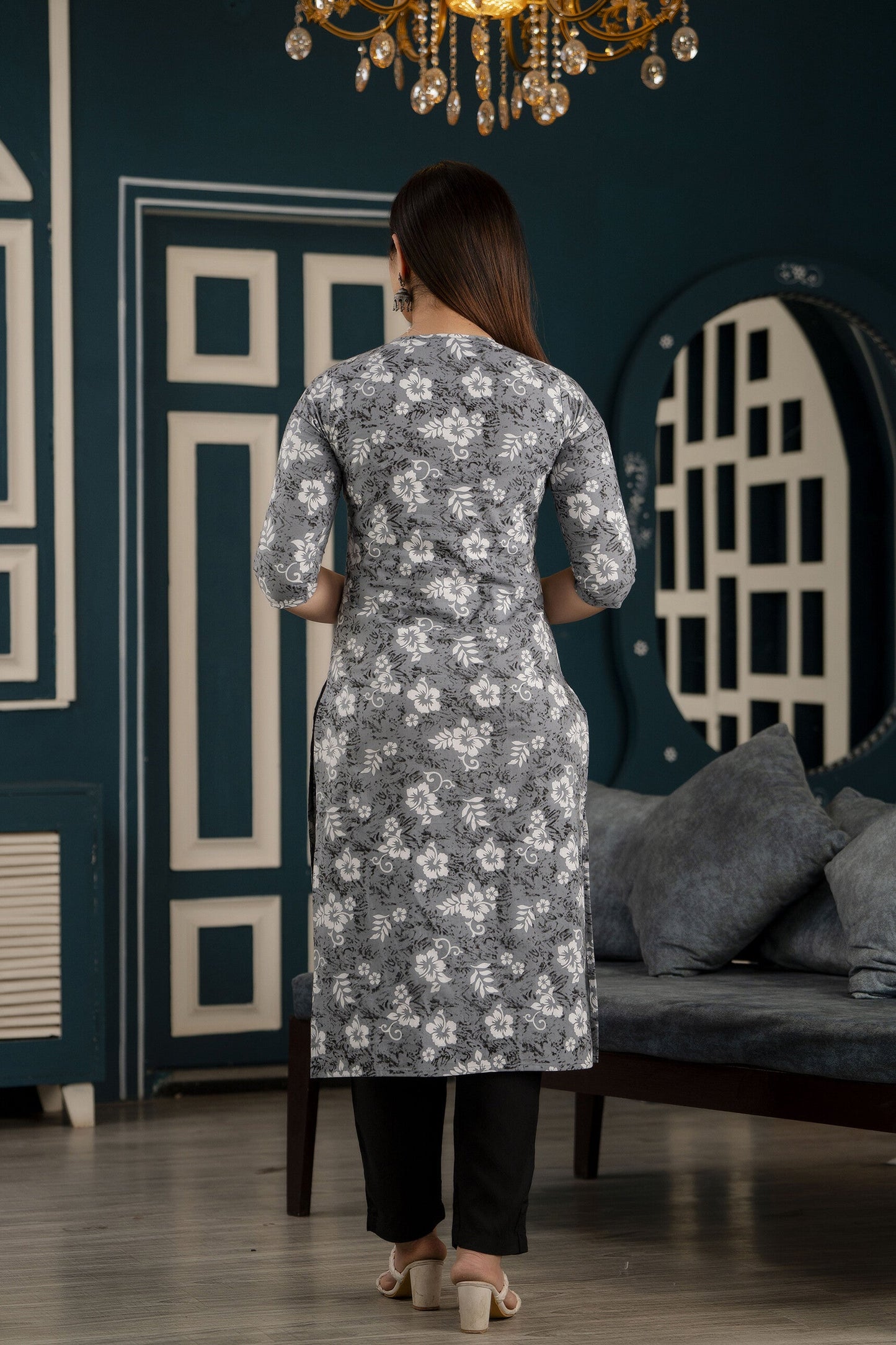 Women Grey Ethnic Printed Straight Kurta With Three Quarter Sleeves | LASVINI - Redefining Indian Fashion with Elegance