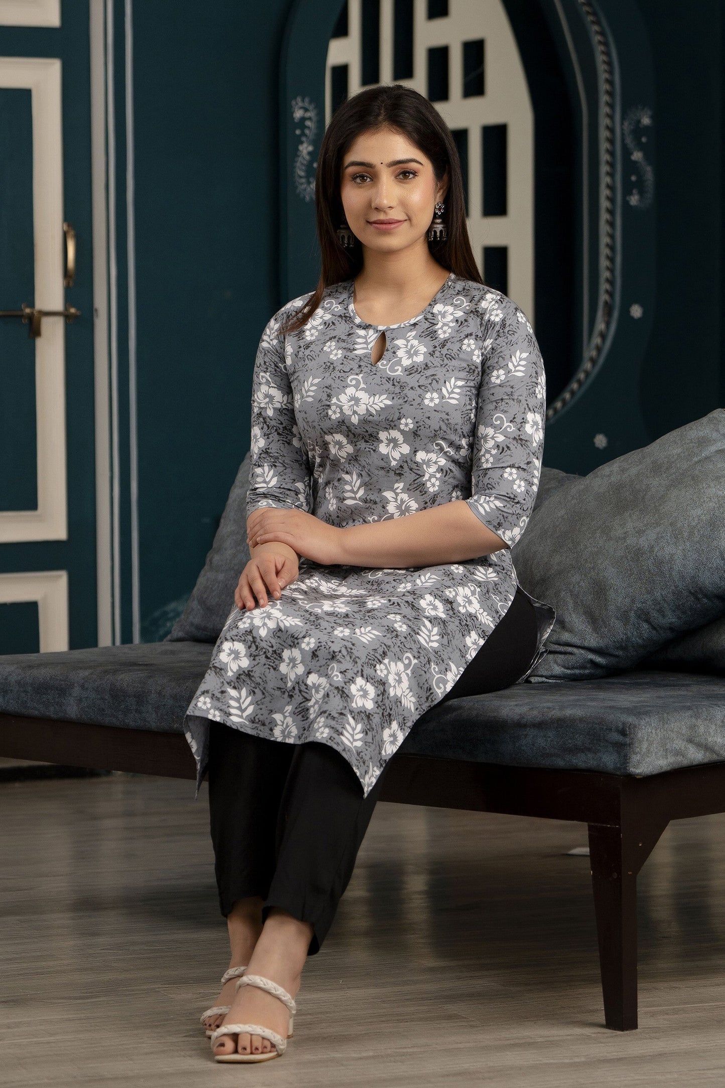 Women Grey Ethnic Printed Straight Kurta With Three Quarter Sleeves | LASVINI - Redefining Indian Fashion with Elegance