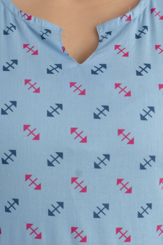 Women Blue Ethnic Printed Straight Kurta With Three Quarter Sleeves | LASVINI - Redefining Indian Fashion with Elegance