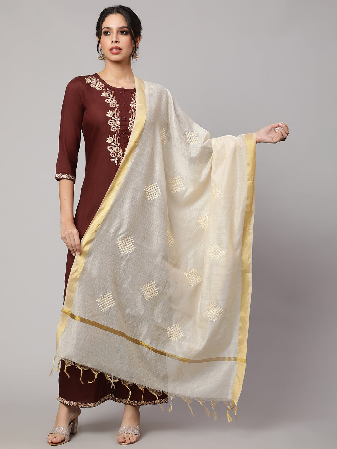 Women Blue Bandhini And Beige Solid Dupatta Combo, Pack Of Two | LASVINI - Redefining Indian Fashion with Elegance