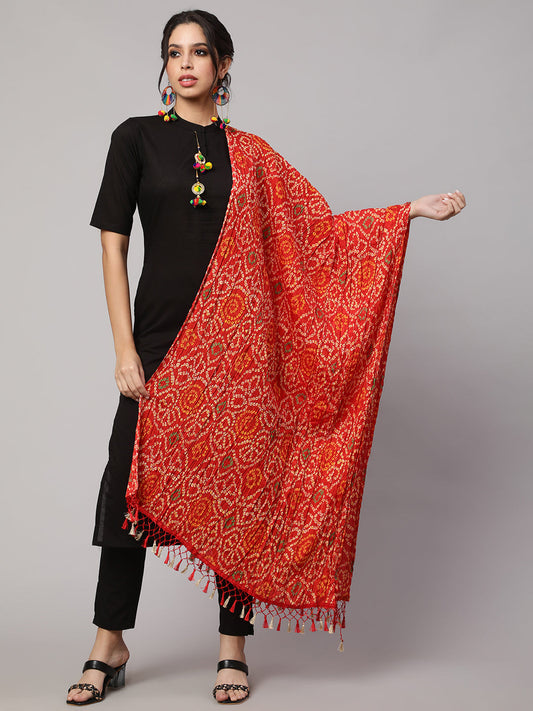 Women Grey Printed And Red Bandhini Dupatta Combo, Pack Of Two | LASVINI - Redefining Indian Fashion with Elegance