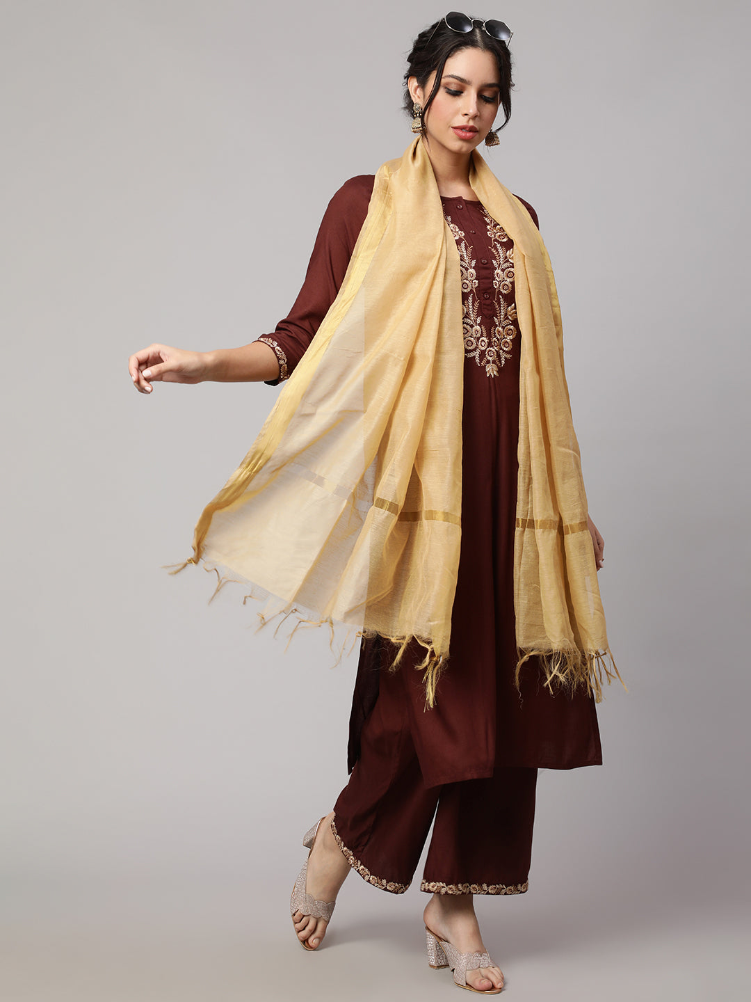 Women Dupatta Combo, Pack Of Three Brown, Beige, & Blue | LASVINI - Redefining Indian Fashion with Elegance