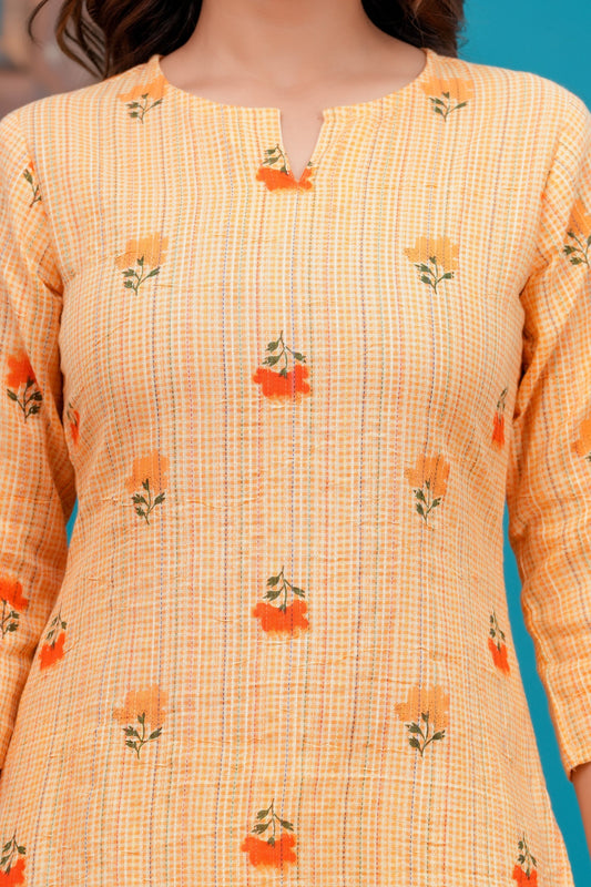 Women Orange Printed Straight Kurta with Three quarter sleeve | LASVINI - Redefining Indian Fashion with Elegance