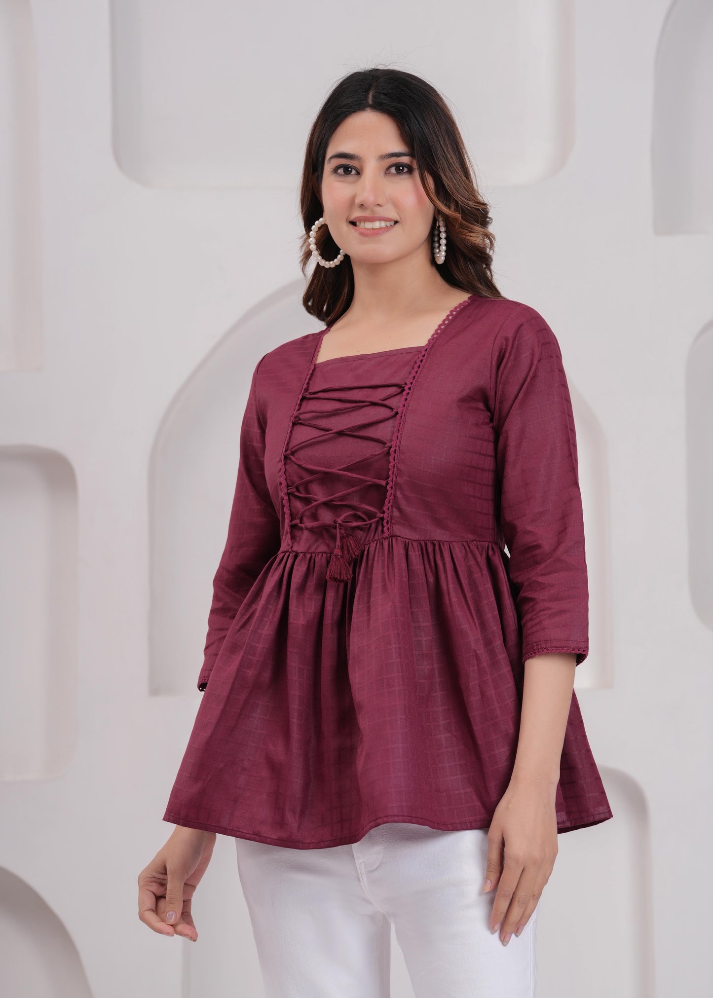 Women Burgundy Printed V-Neck Peplum Tunic | LASVINI - Redefining Indian Fashion with Elegance