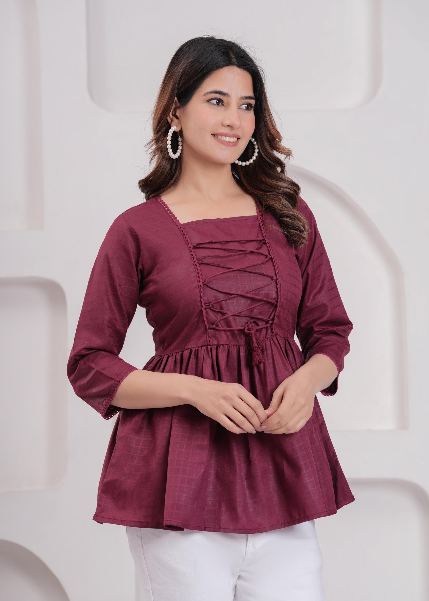 Women Burgundy Printed V-Neck Peplum Tunic | LASVINI - Redefining Indian Fashion with Elegance