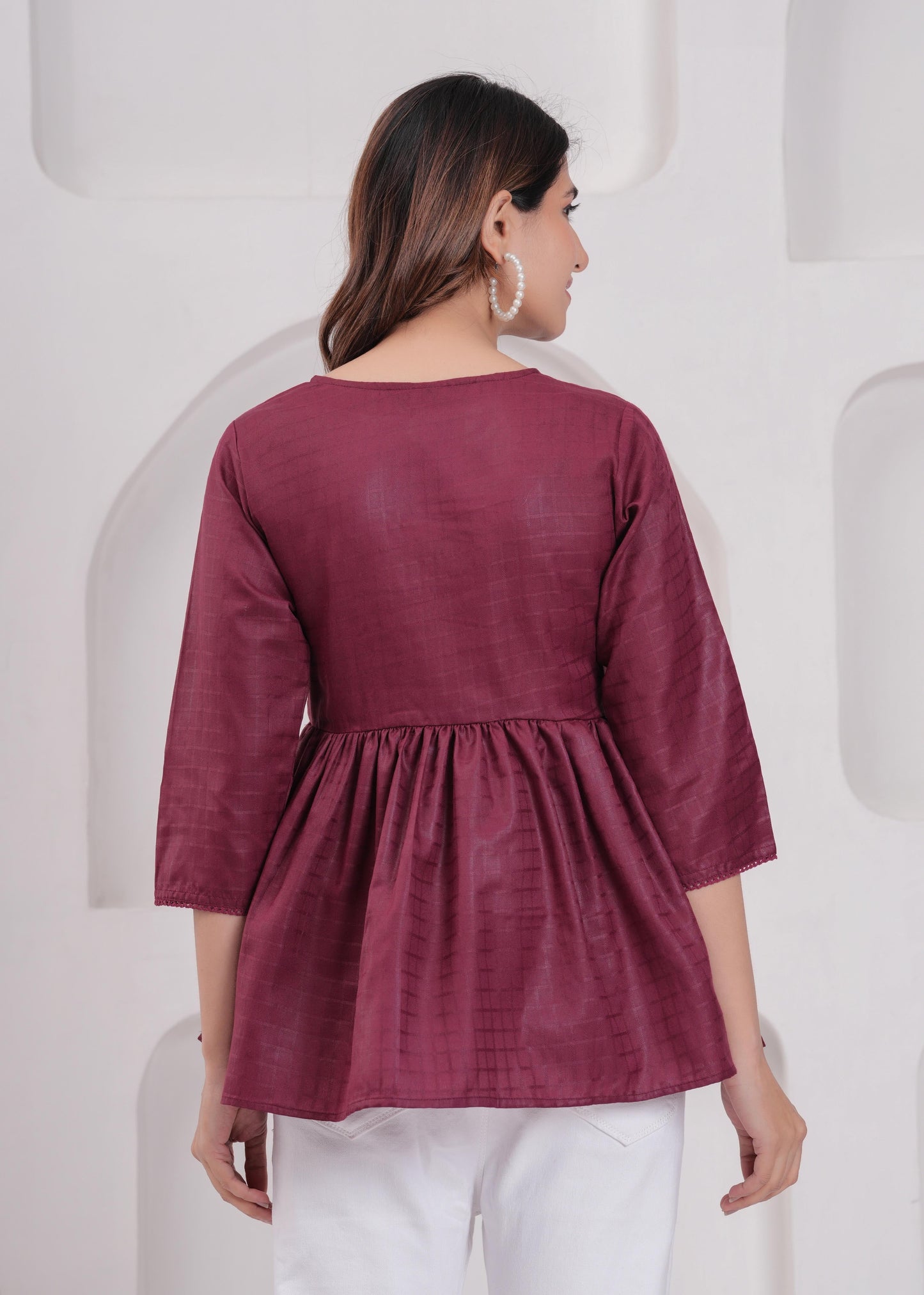 Women Burgundy Printed V-Neck Peplum Tunic | LASVINI - Redefining Indian Fashion with Elegance