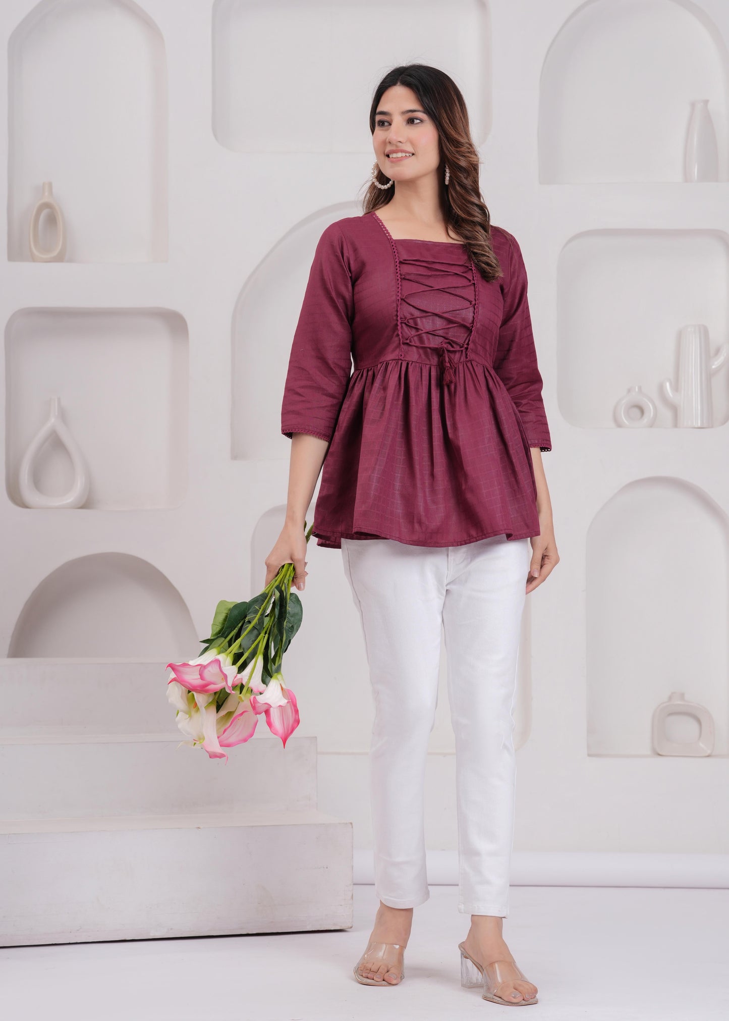 Women Burgundy Printed V-Neck Peplum Tunic | LASVINI - Redefining Indian Fashion with Elegance