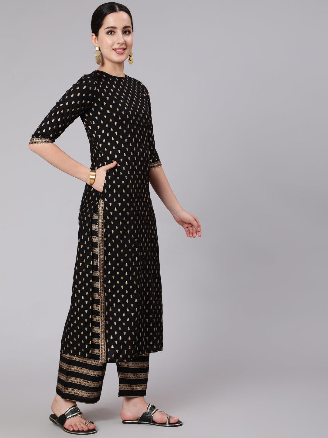 Black Gold Printed Straight Kurta Set With Net Dupatta for Women | LASVINI - Redefining Indian Fashion with Elegance