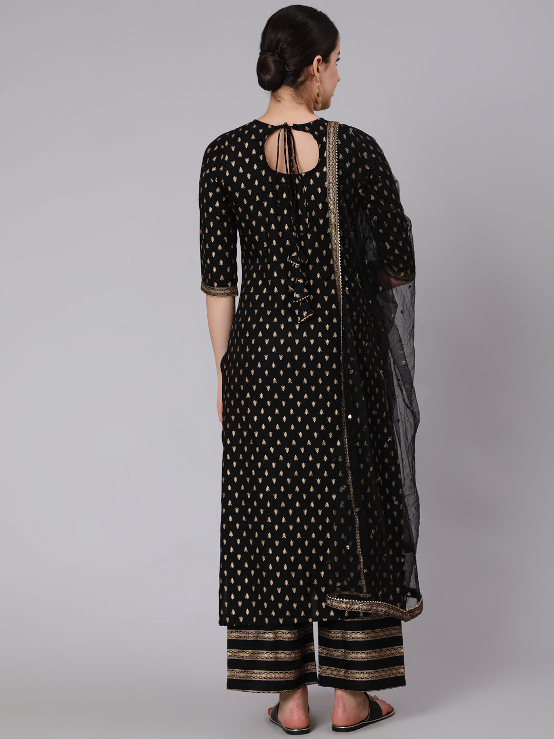 Black Gold Printed Straight Kurta Set With Net Dupatta for Women | LASVINI - Redefining Indian Fashion with Elegance
