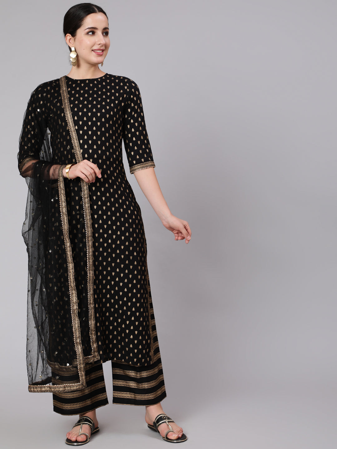 Black Gold Printed Straight Kurta Set With Net Dupatta for Women | LASVINI - Redefining Indian Fashion with Elegance