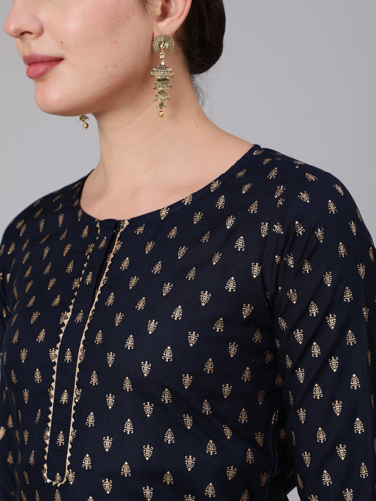 Navy Blue Gold Printed Straight Kurta Set With Net Dupatta for Women | LASVINI - Redefining Indian Fashion with Elegance