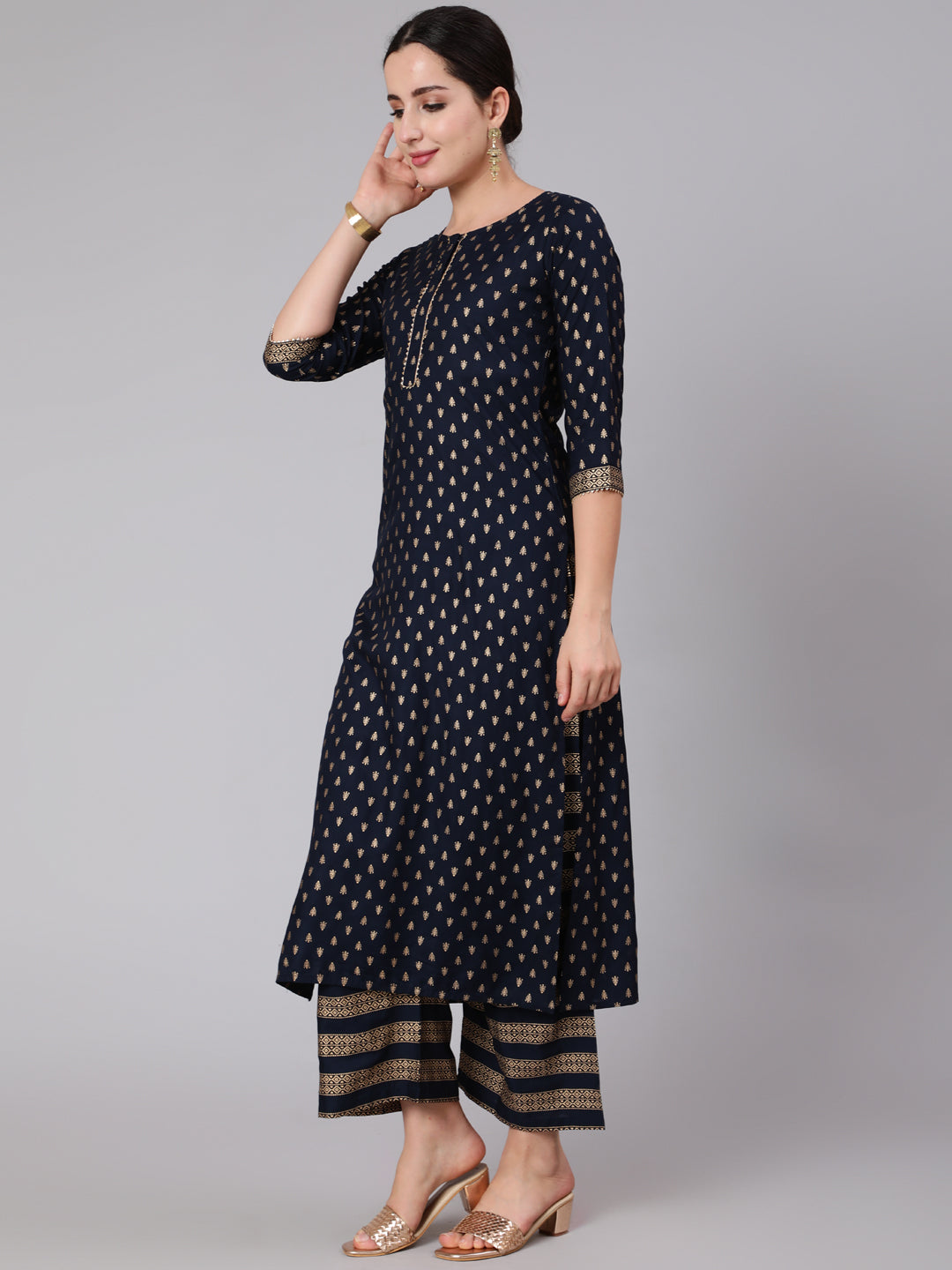 Navy Blue Gold Printed Straight Kurta Set With Net Dupatta for Women | LASVINI - Redefining Indian Fashion with Elegance