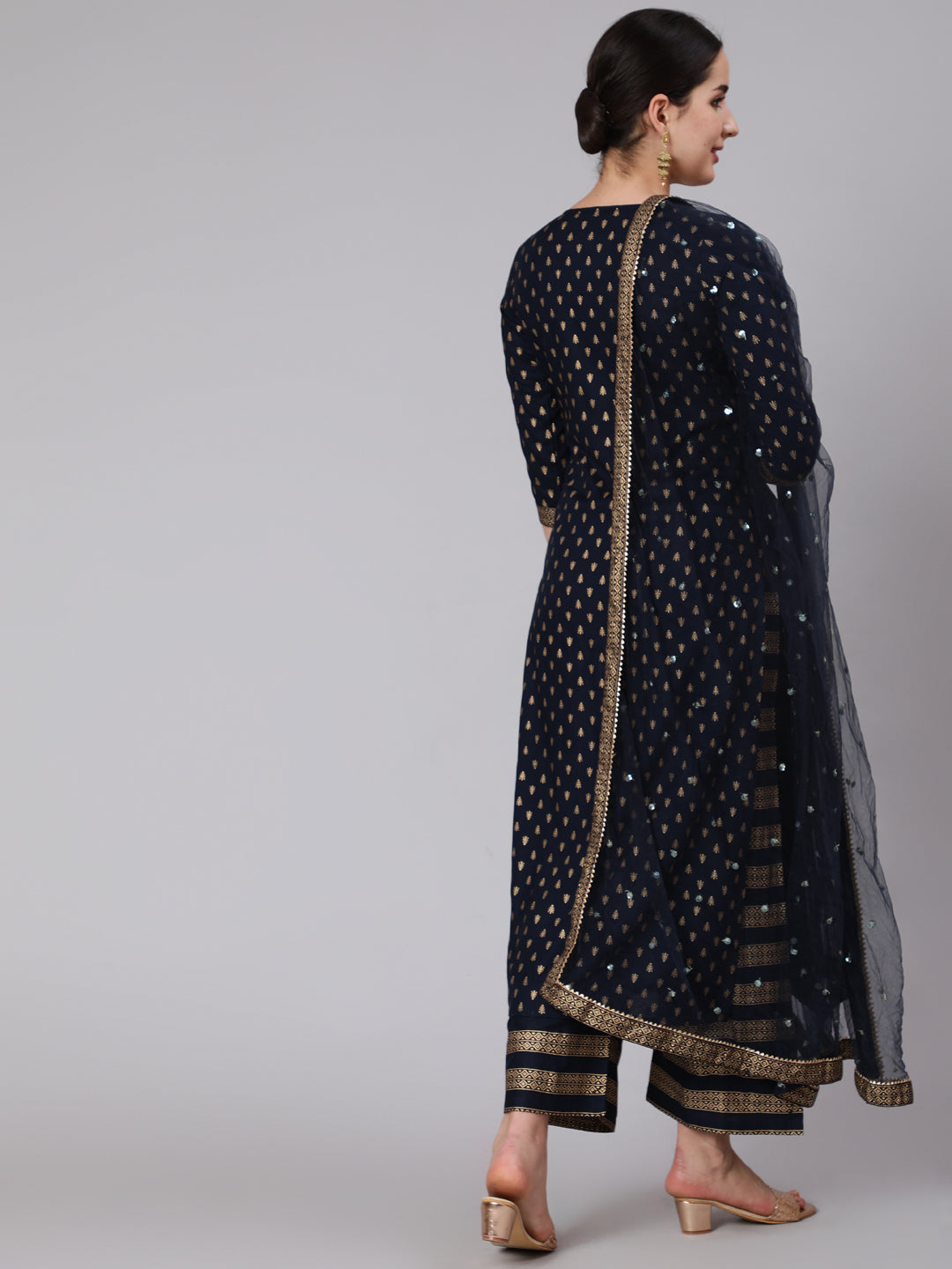 Navy Blue Gold Printed Straight Kurta Set With Net Dupatta for Women | LASVINI - Redefining Indian Fashion with Elegance