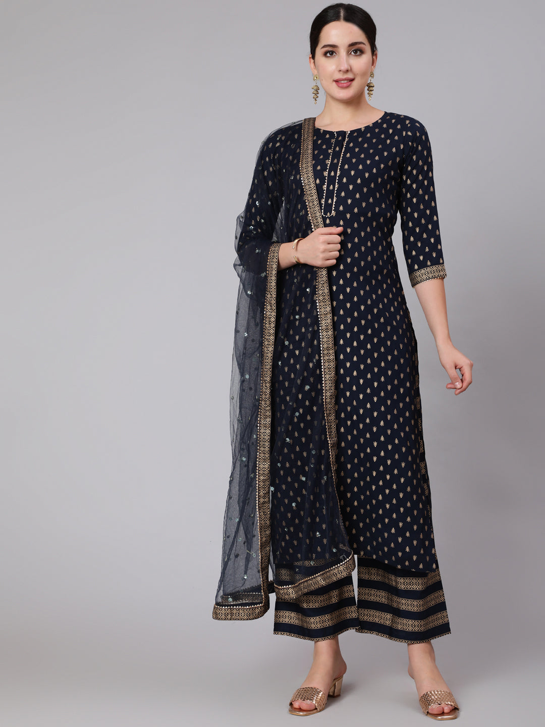 Navy Blue Gold Printed Straight Kurta Set With Net Dupatta for Women | LASVINI - Redefining Indian Fashion with Elegance