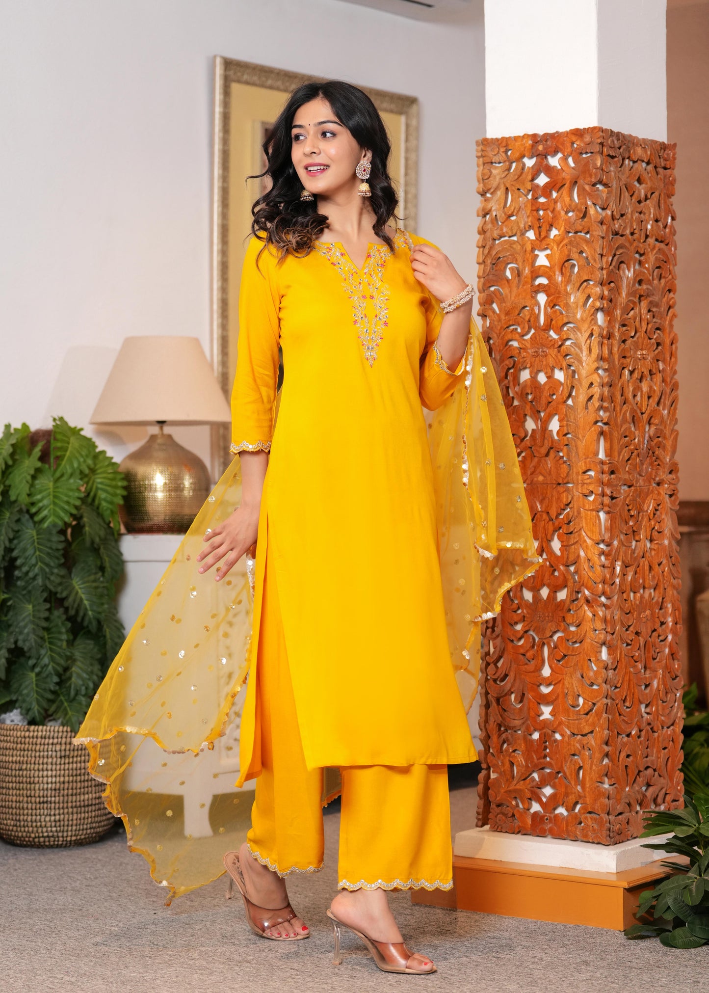 Yellow Embroidered Straight Kurta With Palazzo And Dupatta For Women | LASVINI - Redefining Indian Fashion with Elegance