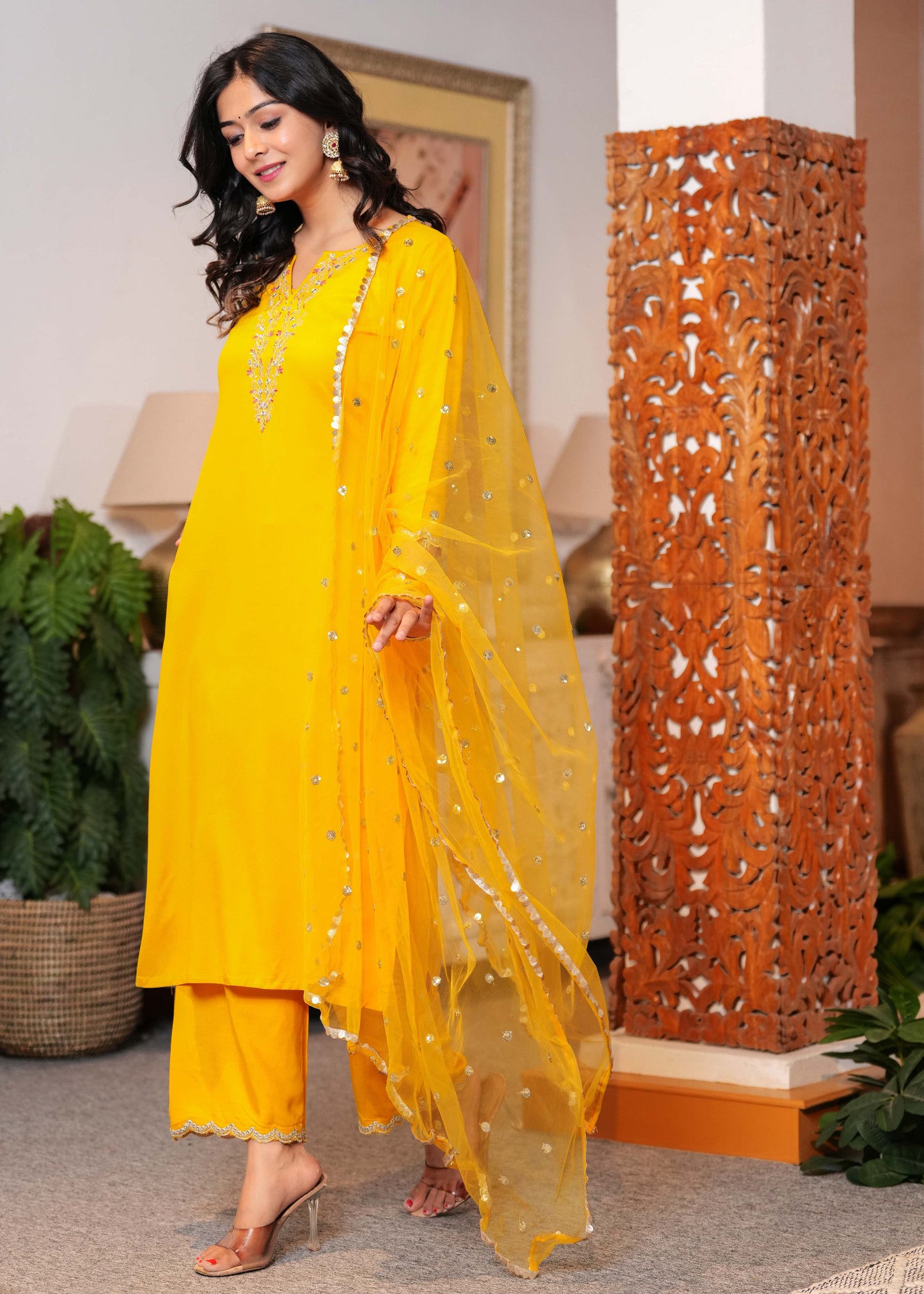 Yellow Embroidered Straight Kurta With Palazzo And Dupatta For Women | LASVINI - Redefining Indian Fashion with Elegance