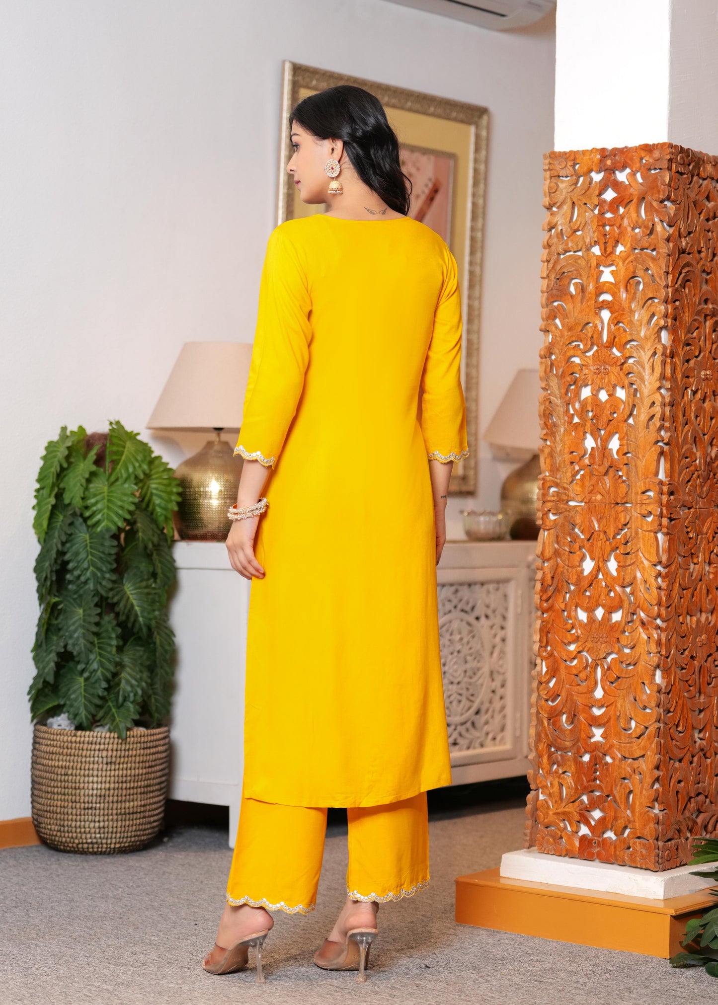 Yellow Embroidered Straight Kurta With Palazzo And Dupatta For Women | LASVINI - Redefining Indian Fashion with Elegance