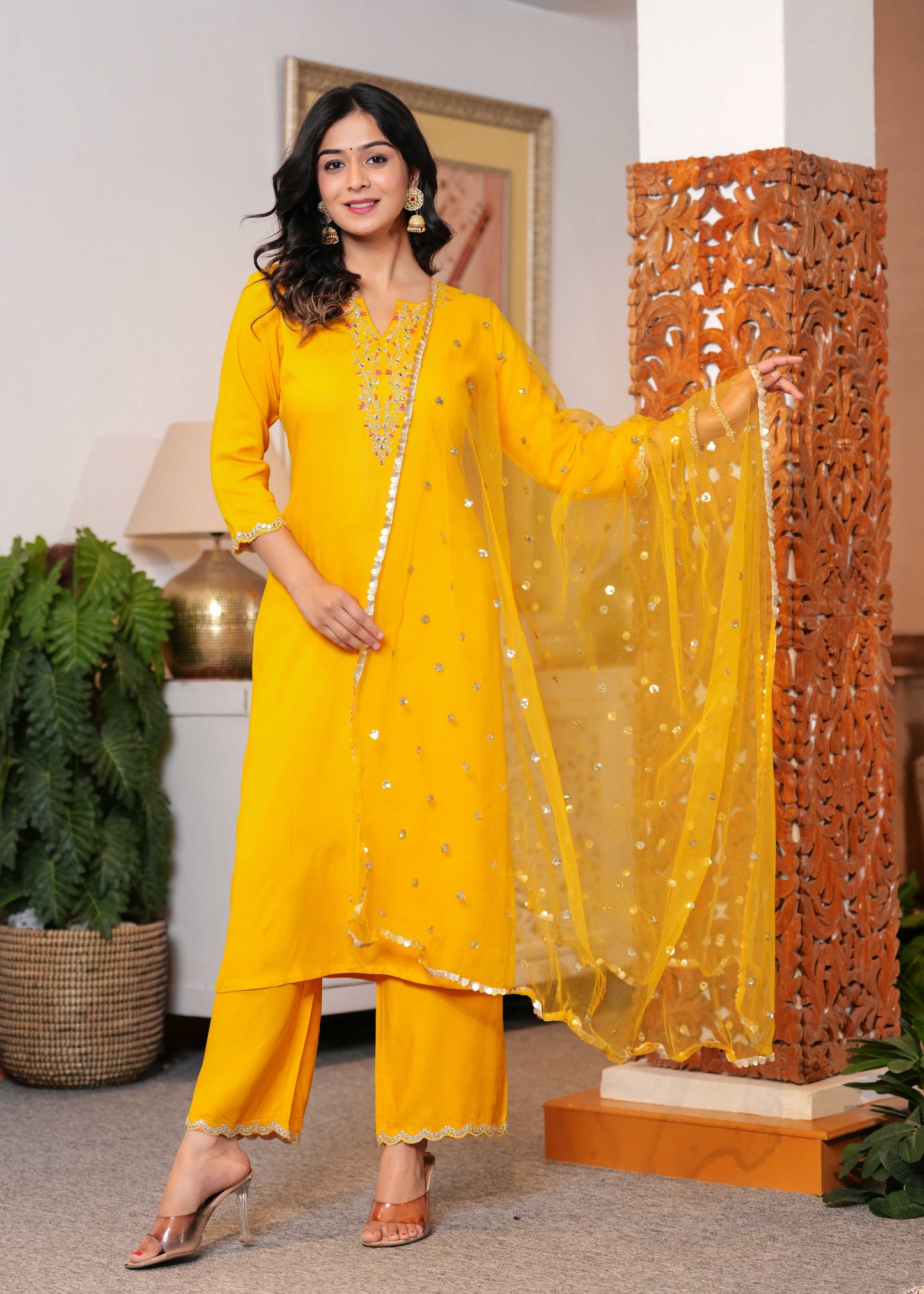 Yellow Embroidered Straight Kurta With Palazzo And Dupatta For Women | LASVINI - Redefining Indian Fashion with Elegance